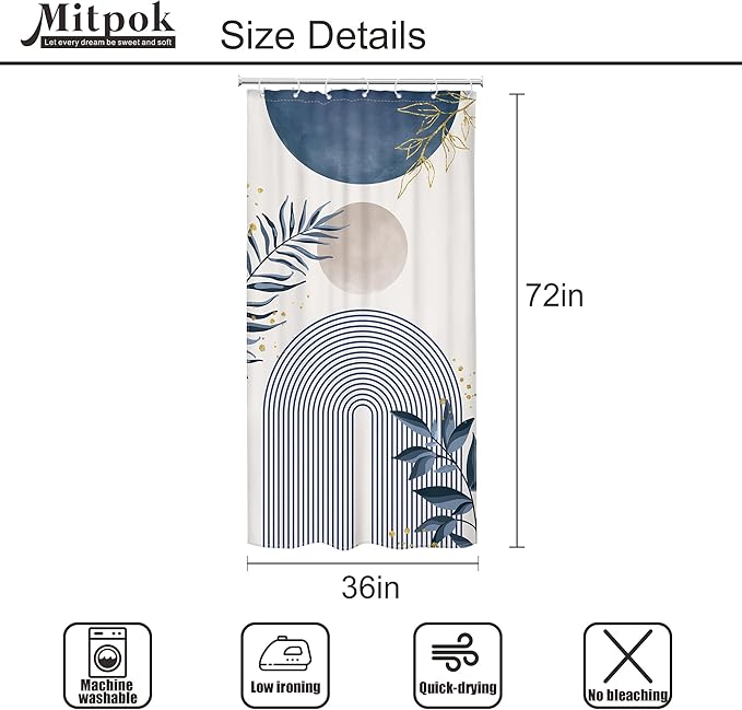Small Stall Boho Shower Curtain 36Wx72H RV Blue Modern Mid Century Abstract Leaves Plant Minimalist Geometric Bathroom Decor Half Narrow Standing Bath Curtain Fabric Polyester 7 Pack Hook