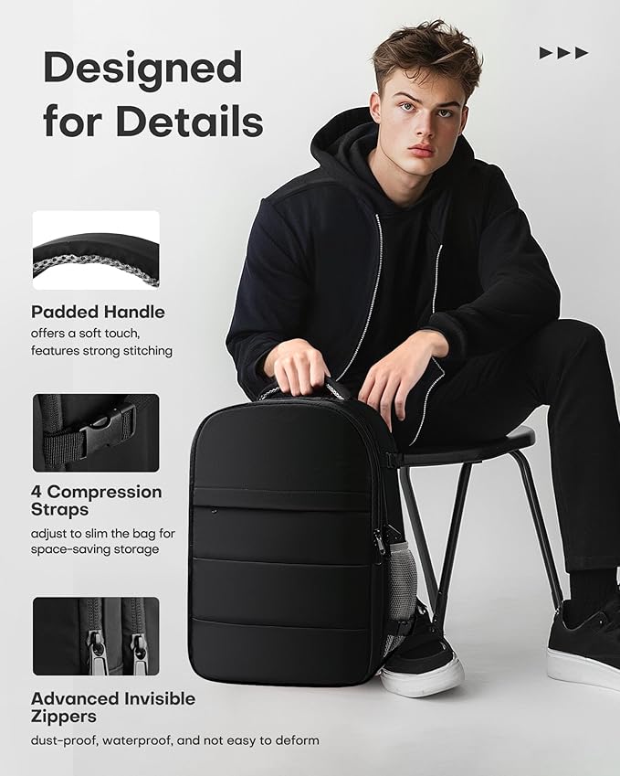 HOTOR Travel Backpack - Flight Approved Travel Bag for Men and Women, Carry on Luggage for 15.6" Laptop and Travel Essentials for Work, Business, Weekender, College 12.8"x8.3"x18.5" (Black)