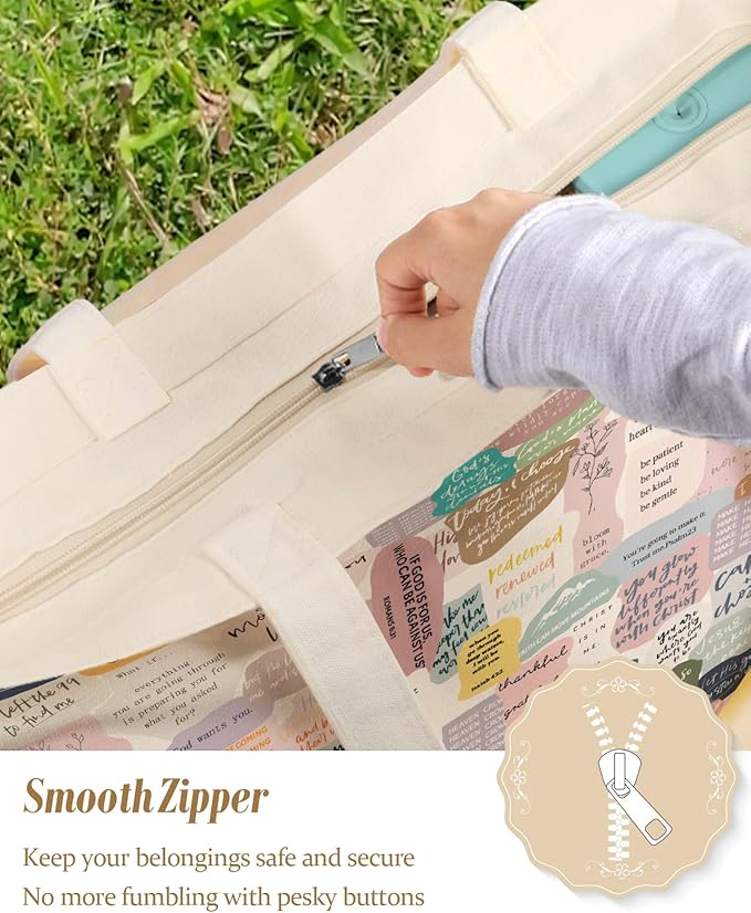 Large Tote Bag for Women - Aesthetic Cute Big Canvas Bags with Zipper Cotton Shoulder Bag for Gym, Travel, Work