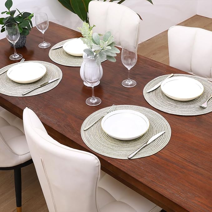 SHACOS Round Braided Placemats Set of 6 Glitter Circle Place Mats Washable 15 inch Table Mats for Dining Table Wedding Party (Light Gray Gold, 6)