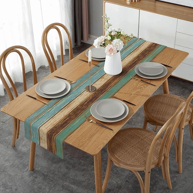 Wood Print Table Runner Seasonal Kitchen Dining Linen Table Decoration for Indoor Outdoor Home Party Dinner 13x72 Inch