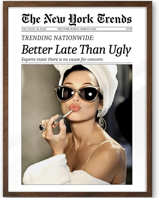 iHery Natural OAK Wood Hepburn Newspaper Trendy Walnut Color Framed Wall Art, 12x16 in Better Late Than Ugly Vintage Headline Canvas Art, Retro Bathroom Decor Art, Set of 1 Girly Dorm Room Bedroom