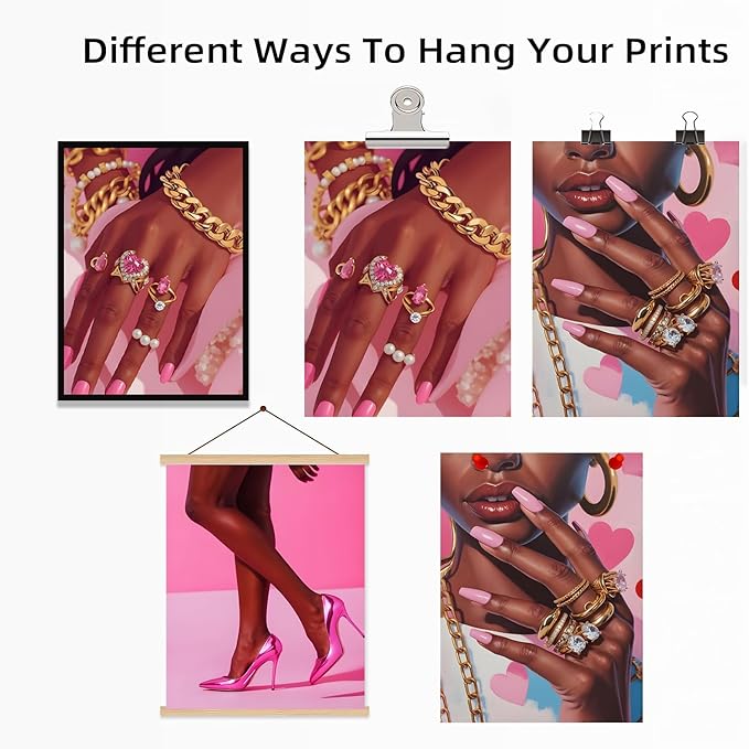 ANVOTIG Pink Fashion Black Girl Canvas Wall Art Set of 3 Black Woman African American Wall Decor Pictures Gorgeous Black Women Artwork Posters Prints for Living Room Bedroom Bathroom 12x16In Unframed