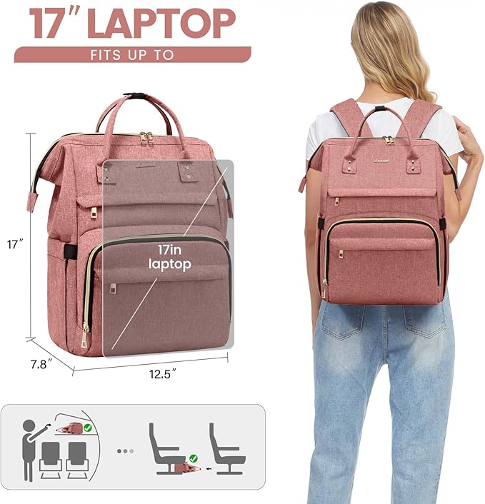 LOVEVOOK Laptop Backpack for Women,17 Inch Professional Womens Travel Backpack Purse Computer Laptop Bag Nurse Teacher Backpack,Waterproof College Work Bags Carry on Back Pack with USB Port,Light-pink