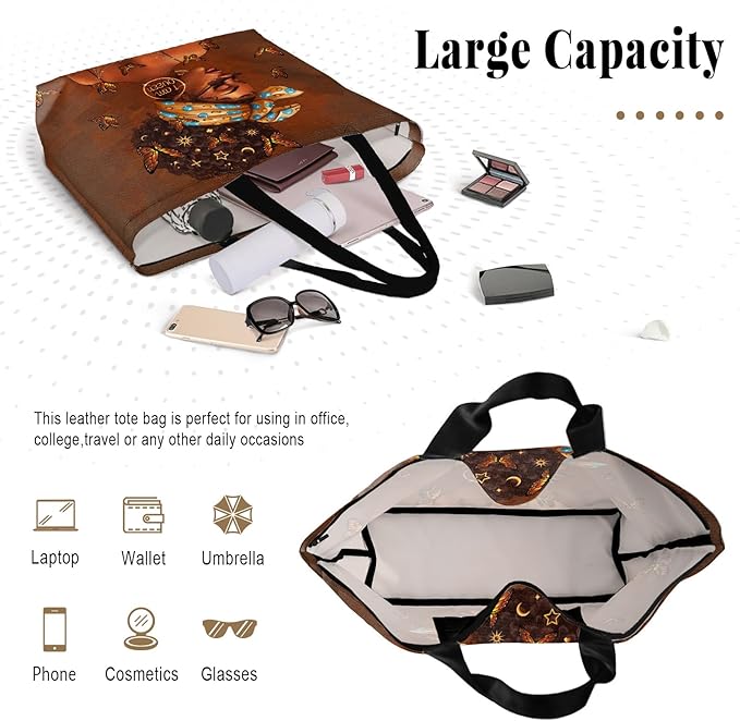 African American Women Tote Bag Black Shoulder Handbag For Women Fit Work Beach Labtops With Zip