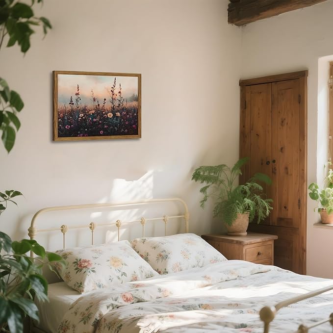 Vintage Flower Wall Art, Dark Floral Wall Decor Painting, Framed 3D Textured Hand Drawn Sandstone Farmhouse Landscape Pictures Artwork for Living Room Bedroom 16x24 inch Wood Frame