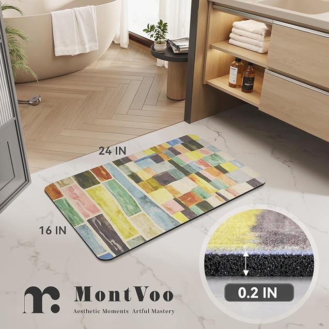 MontVoo -Bath Mat-Non Slip Thin Bathroom Rugs Fit Under Door- Quick Dry Absorbent Faux Suede Surface Grey Bathroom Floor Mats-Shower Rug for in Front of Bathtub Shower Colorful Plaid 16x24