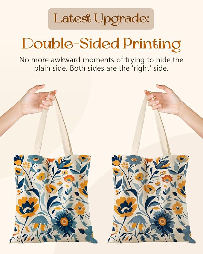 Canvas Tote Bag for Women – Aesthetic Canvas Bag with Zipper Cute Stylish Reusable Shoulder Totes for Shopping Work Daily Vacation, Blue Yellow Flower