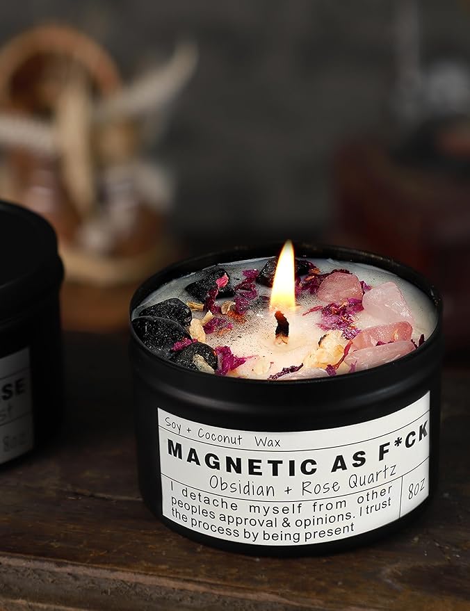 MAGNETIC AS F*CK Detachment Grounding Quartz Obsidian Protection Magic Attraction Manifestation Crystal Self Love Ritual Meditation Hande Made Chakra Candle(8oz).