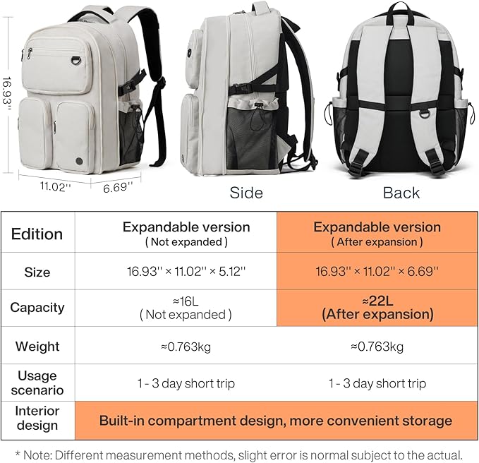 mixi Large Capacity Travel Laptop Backpack, Lightweight Durable College Bookbag Men Woman 15.6" Computer Bag, Water Resistant Outdoor Hiking Backpacks With Multifunction Pockets, 17 Inch Expandable