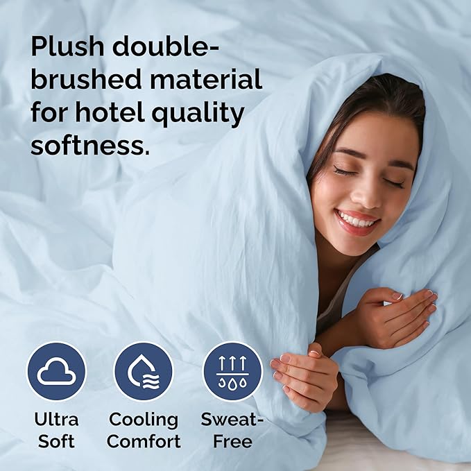 Duvet Cover Queen Size Set - Extra Soft Queen Size Duvet Cover 90 x 90 with 2 Pillow Shams - Hotel Luxury Easy Care and Fade Free w/Zipper Closures & Ties - Comfy Breathable Bedding Set (Light Blue)