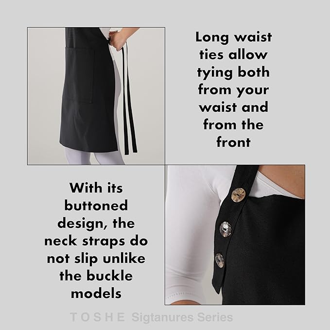 TOSHE Kitchen Apron Waterdrop Resistant Cotton Apron with adjustable Aprons for Women with Pockets 10 Color option Cooking Black Apron (Black)