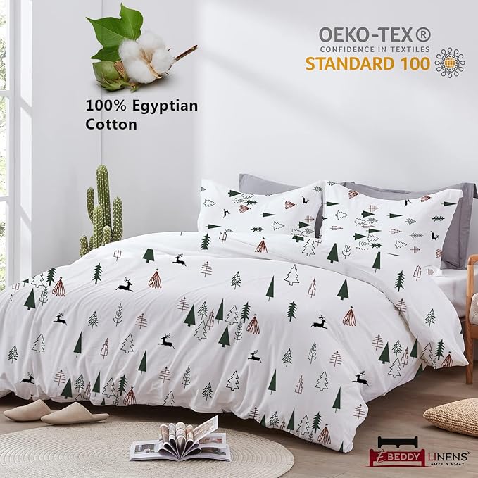eBeddy Linens Luxury Egyptian Cotton Super King Plus 120x120 Size Printed Duvet Cover Set with Zipper Closure & 7 Corner Ties Soft Cozy Bedding Set Durable Stitch, Christmas Print