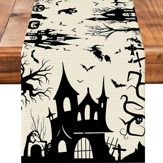 Halloween Burlap Table Runner Seasonal Spring Fall Kitchen Dining Linen Table Decoration for Indoor Outdoor Home Party Dinner 13x72 Inch
