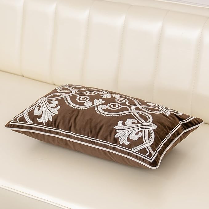 Aeckself European Floral Pillow Cover 12x20 Inch, Luxury Velvet Embroidered Decorative Lumbar Throw Pillow Cover for Couch Bedroom Living Room, Brown and White
