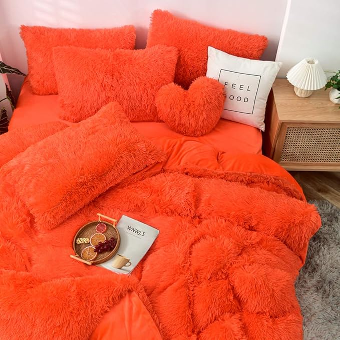 MorroMorn 5 PCS Shaggy Duvet Cover Bedding Set - Fluffy Comforter Cover Long Faux Fur Luxury Ultra Soft Cozy (Orange, King/California King)