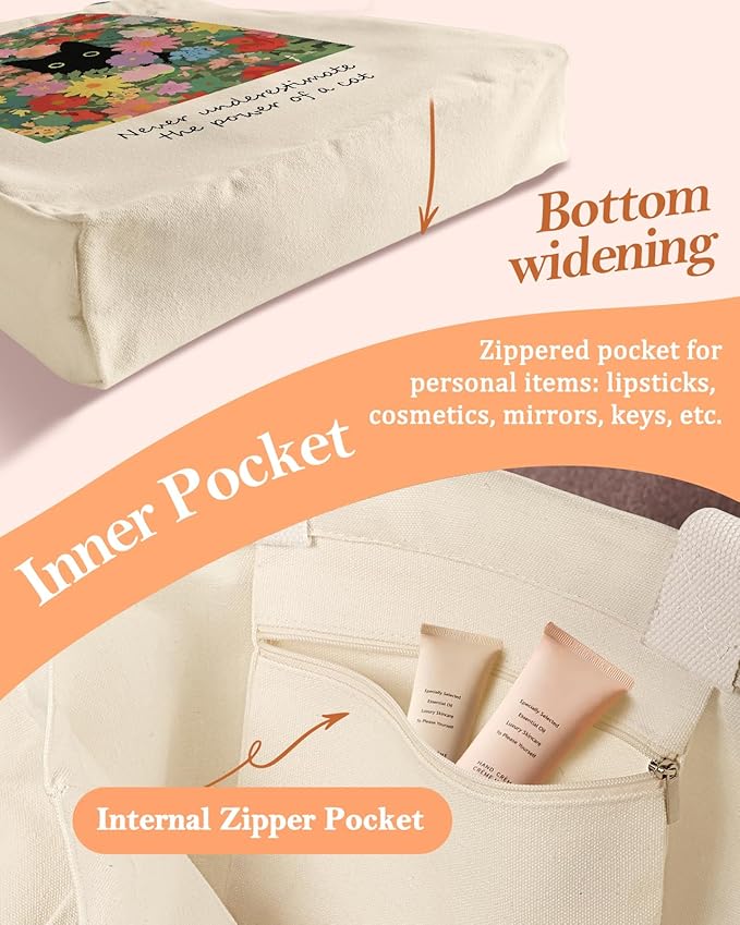 Aesthetic Heavy Canvas Tote Bag with Pocket for Women, Cloth Gusseted Totes Bag with Pattern for Shopping