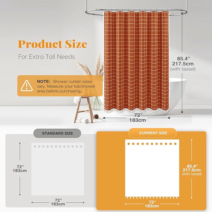 BTTN Extra Long Shower Curtain - 72x84 Inch Long Boho Chic Tassel Linen Fabric Shower Curtain Set with Hooks, Tall Modern Farmhouse Elegant Heavy Duty Cloth Shower Curtains for Bathroom - Burnt Orange