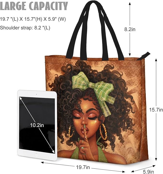 African American Women Tote Bag Black Shoulder Handbag For Women Fit Work Beach Labtops With Zip