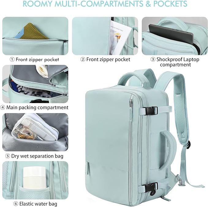 Beraliy Large Travel Backpack for Women Airline Approved, Carry On Backpack, 17 Inch Laptop Backpack, Personal Item Bag Casual Daypack Backpacks, Mint Green