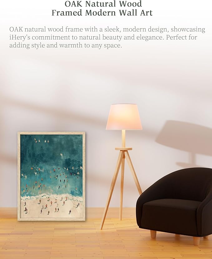 iHery Natural OAK Wood Framed Wall Art, 12x16 in Fashion Summer Tiny People Swimming In Ocean Canvas Wall Decor, Beige Minimalist Beach Bedroom Decor, Set of 1 For Bathroom Living Room