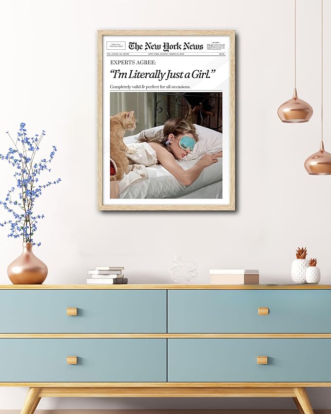 EcoHest Trendy Newspaper New York Magazine Framed Wall Art, 16x20 in Large OAK Wood I‘m Literally Just a Girl Canvas Wall Art, Preppy Home Decor, Beige Retro For Bedroom Living Room 1Pack