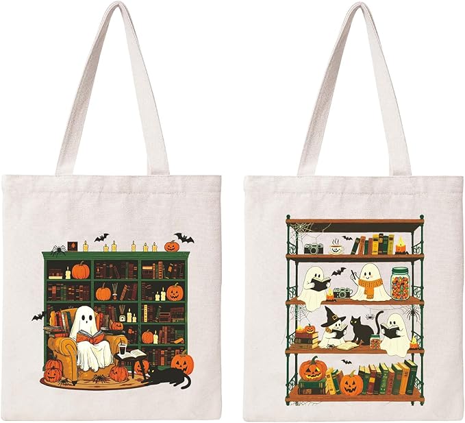 Halloween Canvas Tote Bag Vintage Ghost Canvas Bag Cute Funny Trick Or Treat Reusable Cotton Bag Shopping Tote Handbag For Women Holiday Grocery Beach Handbag With Shoulder