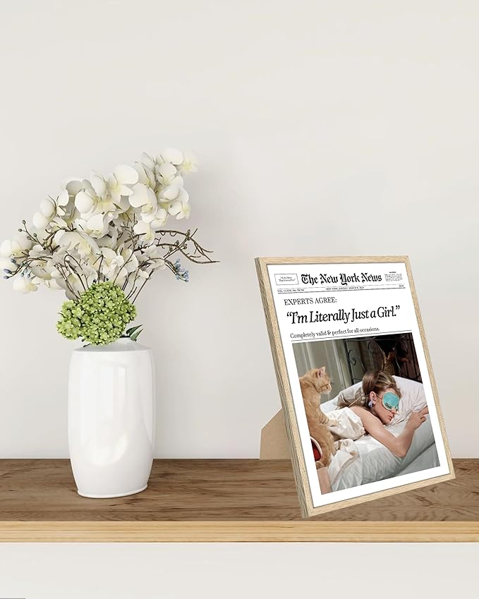 EcoHest Small Trendy Newspaper Audrey Hepburn Magazine Framed Wall Art, 8x10 in OAK Wood I‘m Literally Just a Girl Canvas Wall Art Home Decor, Beige Retro Set of 1 For Bedroom Living Room