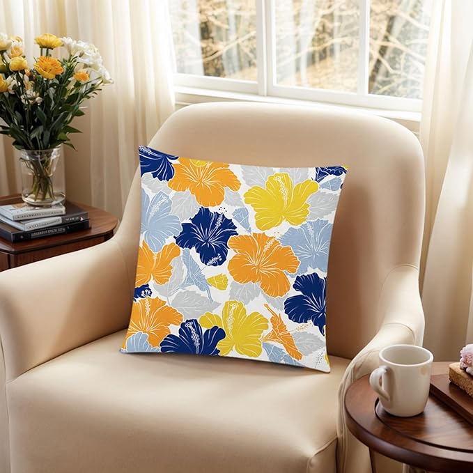 Blue Orange Pillow Covers 16x16 Set of 6, Yellow Blue Throw Pillow Cover for Couch, Daisy Dahlia Flower Pillowcase for Sofa Bedroom Living Room Farmhouse Home Decor