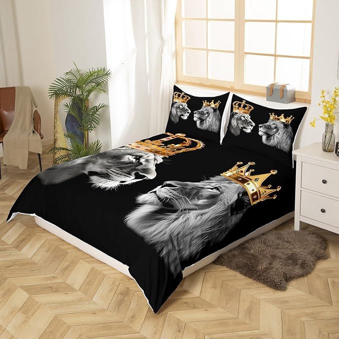 Wild Lion Couple Duvet Cover Set Twin Size,Gold King and Queen Crown Comforter Cover for Kids Boys Bedroom Gift,Tropical African Animal Bedding Set with 1 Pillowcase Bedspread (No Comforter)