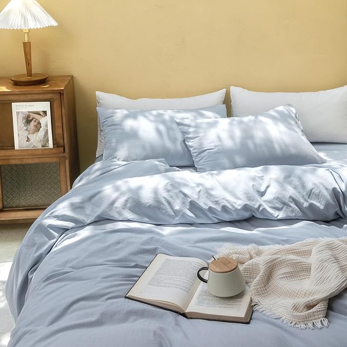 FOSSA Duvet Cover Set 100% Washed Cotton Linen Feel Super Soft Breathable Cozy Simple Style 3 Pieces Bedding Sets Solid Cornflower Blue Twin XL