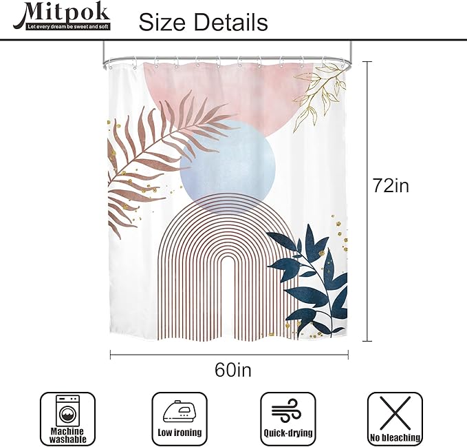 Pink Blue Boho Shower Curtain 60Wx72H Mid Century Modern Abstract Gold Leaves Plant Sun Bathroom Decor Minimalist Geometric Arch Line Aesthetic Girls Bath Curtain Fabric Polyester 12 Pack Hooks