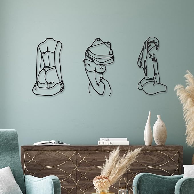 3 Pcs Metal Wall Art Decor Minimalist Abstract Woman Wall Art Metal Modern Line Drawing Decor Female Single Line Home Hanging for Bedroom Kitchen Bathroom Living Room(Lively)