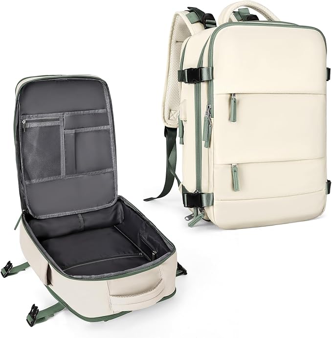 coowoz Large Travel Backpack for Women Men,Carry On Backpack Flight Approved,Hiking Backpack Outdoor Rucksack Casual Daypack Fit 15.6 Inch Laptop Shoes Compartment White Green L