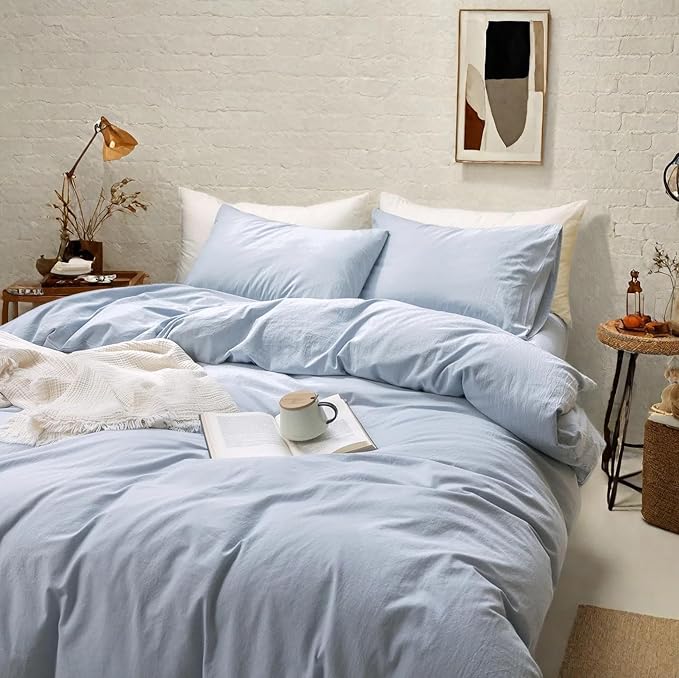 FOSSA Duvet Cover Set 100% Washed Cotton Linen Feel Super Soft Breathable Cozy 3 Pieces Bedding Sets Solid Sky Blue King