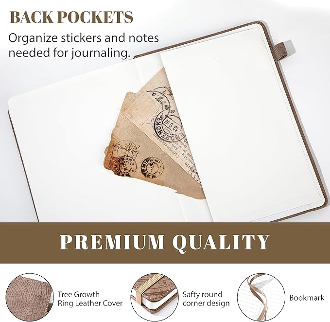 CAGIE Lined Journal for Men Women, Tree Growth Ring Leather Bound Journal Notebook, 256 Pages 100 GSM Journals for Writing, A5 Hardcover Journaling Notebooks for Work, Note Taking