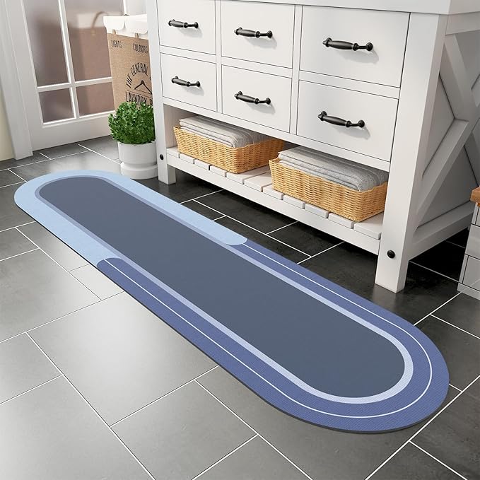 MontVoo Bath Mat Runner - Long Non Slip Absorbent Quick Dry Thin Bath Rug for Bathroom Floor Mat - Rubber Backed - Stain Resistant - Easy Care - Navy 17"x70"