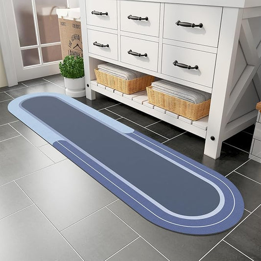 MontVoo Bath Mat Runner - Long Non Slip Absorbent Quick Dry Thin Bath Rug for Bathroom Floor Mat - Rubber Backed - Stain Resistant - Easy Care - Navy 17"x70"