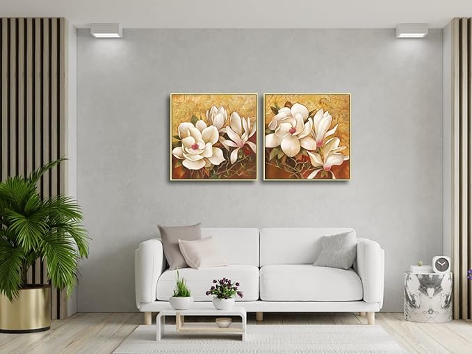 Pyradecor Large Gold Framed Canvas Wall Art Magnolia Flowers 2 Panels Floral Canvas Prints Brown Pictures for Living Room Bedroom Home Decorations