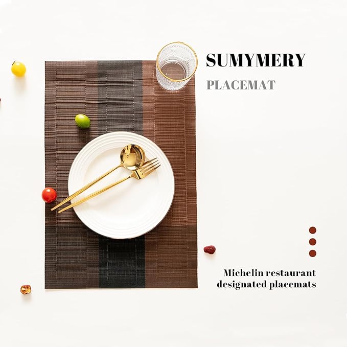 Placemats Set of 6 Vinyl/Plastic Woven Place Mats for Kitchen Table Indoor/Outdoor Washable Placemat Wipeable Dining Table Mats (Ombre Brown Black,6)
