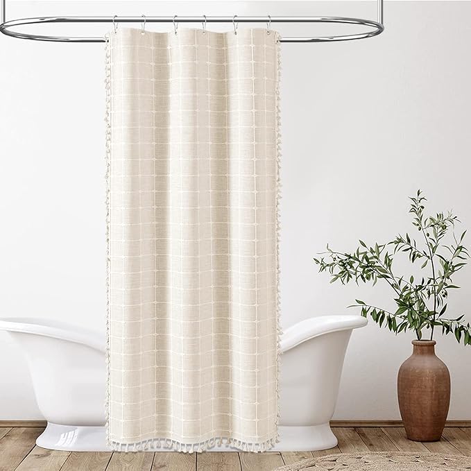 BTTN Boho Shower Stall Curtain - 36x72 Narrow Linen Ultra Thick Tassel Fabric Shower Curtain Set with 6 Plastic Hooks, Half Camper RV Modern Farmhouse Country Shower Curtains for Bathroom, Cream/Beige