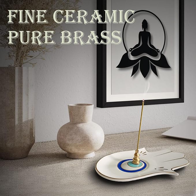 Ceramic Hamsa Hand Incense Holder - 2 in 1 Brass Incense Holder for Sticks and Coil Incense- Zen Decor with Hand of Fatima Design Protection from Evil - 6.2" L X 4.5" W (WhiteEye)