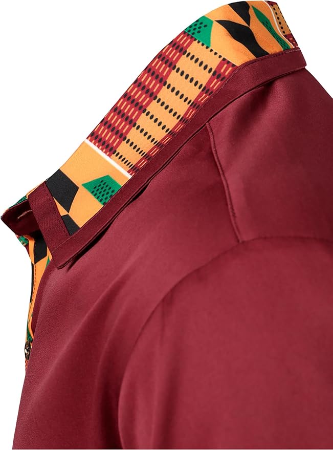 ZEROYAA Men's African Printed Patchwork Design Short Sleeve Button up Shirt