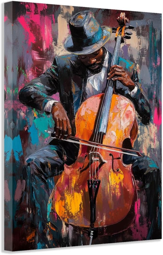 SWQYLB Black Music Wall Art Abstract Jazz Wall Decor African American Painting Canvas Musical Instruments Pictures Classroom Music Men Room Decor Framed (Black, (12.00" x 18.00"))