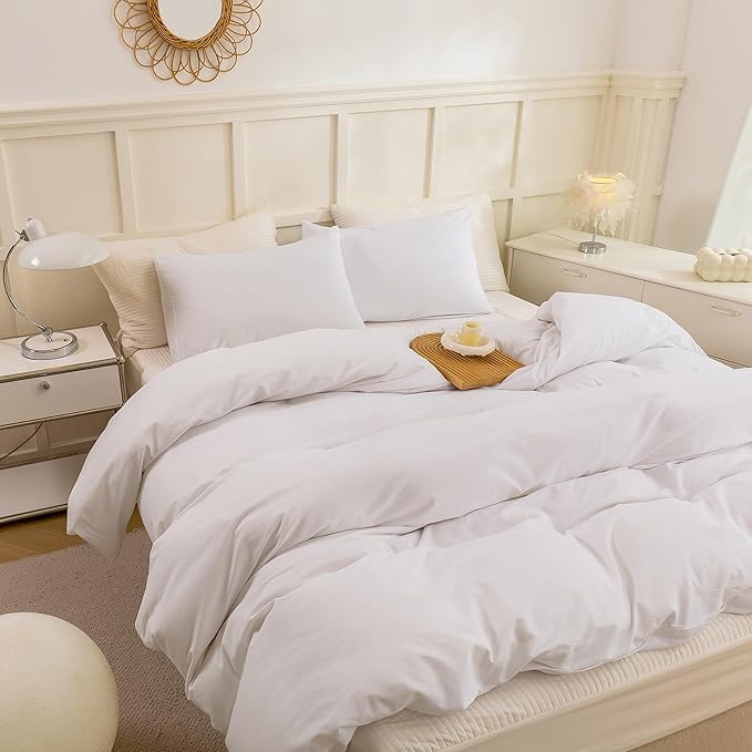 ECOCOTT White Duvet Cover Queen Size - 100% Washed Cotton Durable Soft Comfy Duvet Cover Set, Lightweight and Breathable with Zipper Closure & Corner Ties (White, 90''x90'')