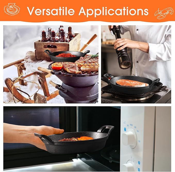 Mifoci 2 Pcs Oval Serving Dish Mini Cast Iron Skillet Cast Iron Baking Pan Sizzling Plate Matte Black Gratin Cookware for Home Restaurant Kitchen Food Service Barbecue (10.8" X 6.1")