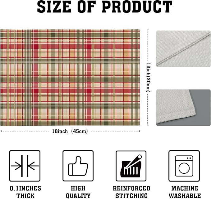 Giwawa 4PCs Fall Placemats 12x18 Inch Autumn Buffalo Plaids Place Mat Washable for Kitchen Dining Thanksgiving Checkered Non Slip Heat Resistant Table Mats for Tabletop Holiday Farmhouse Decor
