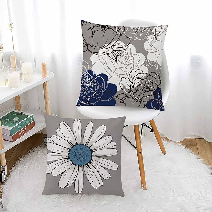 COMMINY Blue Grey Pillow Covers 16x16 Set of 6 Decorative Daisy Flower Throw Pillow Cover for Couch Modern Farmhouse Cushion Pillow Case for Living Room Patio Home Decor