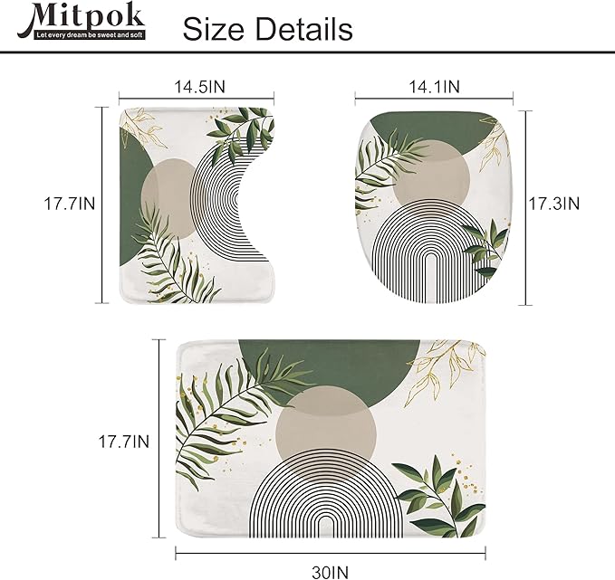 4 PCS Green Boho 72Wx72H Shower Curtain Set Abstract Gold Grey Modern Minimalist Bath Rug Toilet Lid Cover Nonslip U Shape Mat Quick Dry Rubber Backed Dirt Resistant Accessories Bathroom Decor