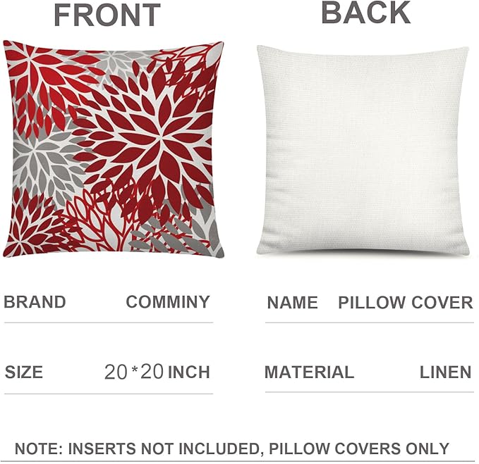 COMMINY Red Grey Pillow Covers 20x20 Set of 6, Daisy Flower Throw Pillow Cover Case Rustic Square Cushion Cover for Sofa Bedroom Living Room Farmhouse Home Decor
